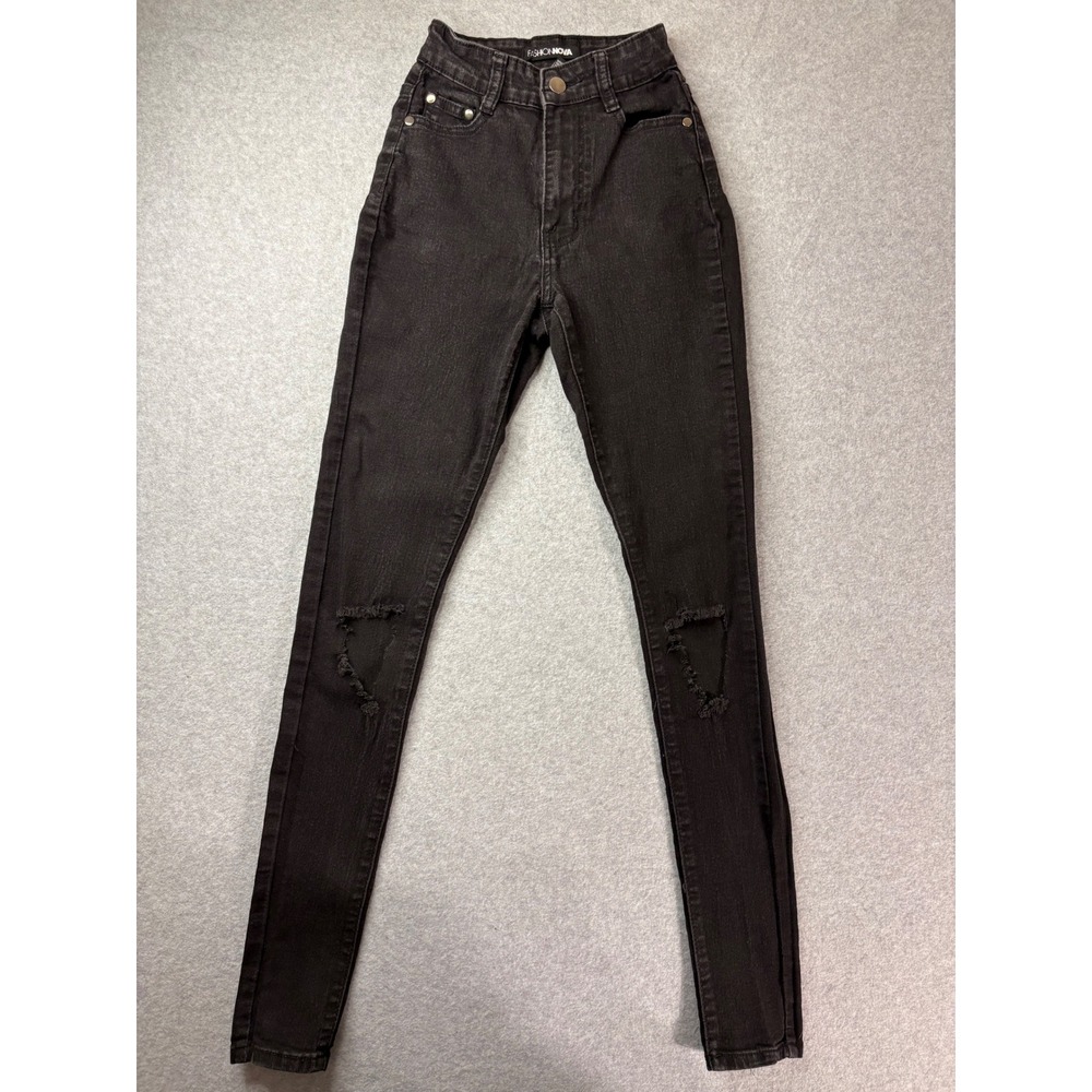 Fashion Nova Womens Size 0 Black Distressed High Waisted Skinny Jeans Ripped